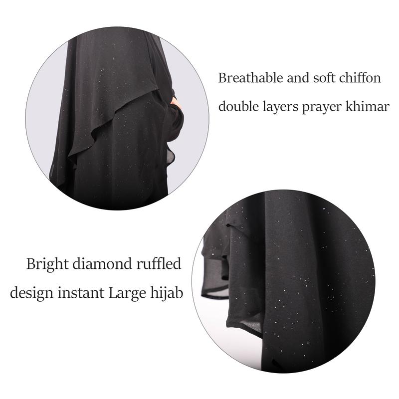 RIMAIRE Luxury Muslim Prayer Hijab 2 Layers Soft Breathable Diamonds Khimars Premium Chiffon Ruffled khimar for Girls Two-Layer tiktok Lightweight Set Scarf Casual Black Women
