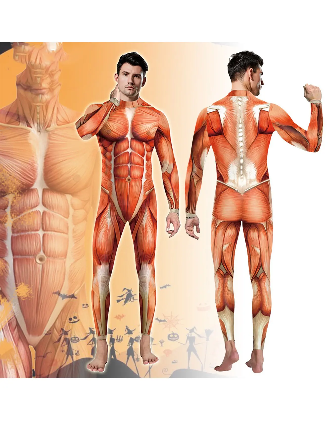 Halloween 3D Party Muscle Print Bodysuit, Elastic Human Anatomy Tight Fit, Role Play Costume, Cat Men Women, Economical