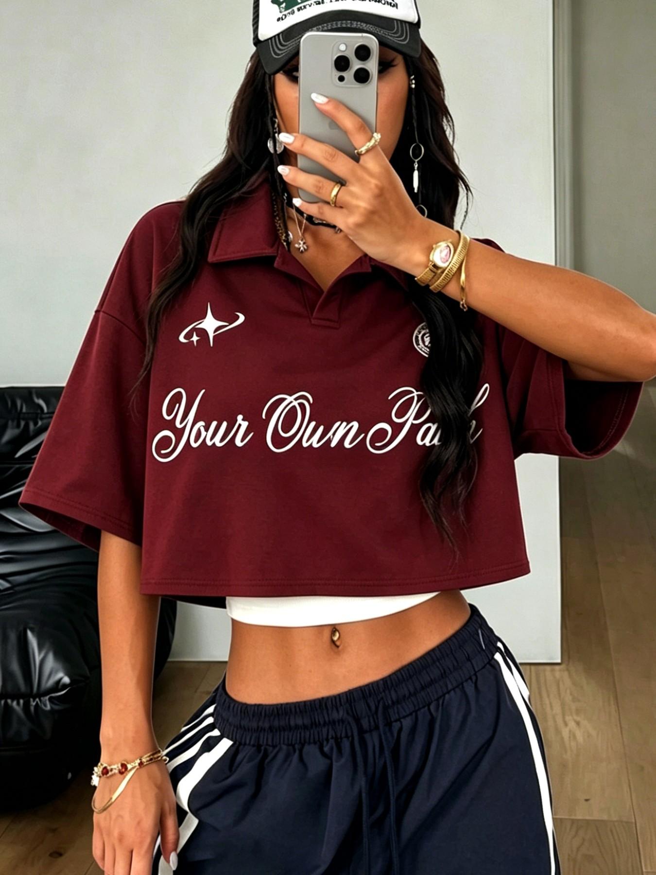 Women's Vintage Collar Polo Shirt, Y2K College Style, Hip-Hop Star Letter Print, Loose Fit, Streetwear, Gym, Party