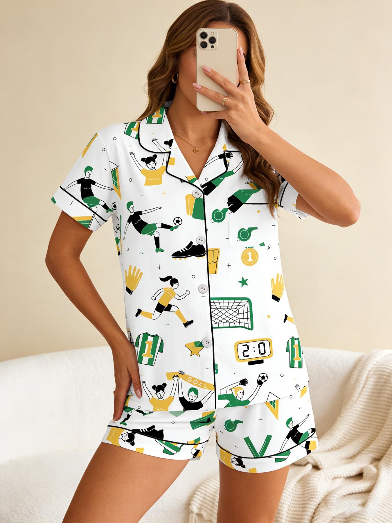 Women's Short Sleeve Button Down Top and Shorts Pajama Set, Spring Summer Wear, For Soccer Football Fans, White Base Yellow Green Soccer Game Print, Classic Lapel Collar, Loose Fit, Comfortable For Home & Game Nights