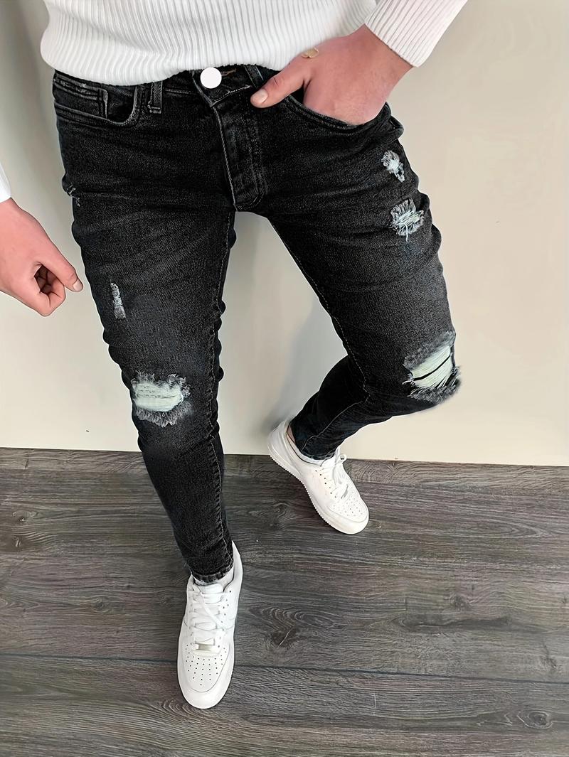 Men's black fashionable ripped jeans, a must-have for street fashionistas  Menswear Pants