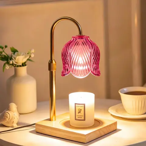 Gold Floral Adjustable Height No-Flame Warming Candle Lamp with Timer - Candle Holder Wax Melter, Car Interior Flower Decoration, Indoor Safe Home Fragrance, Mom-Day Ready Gift