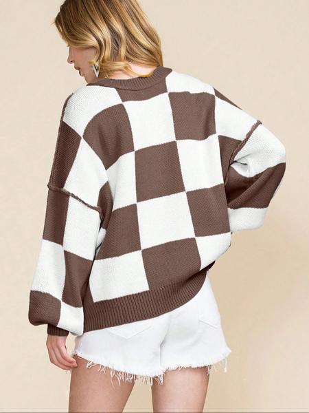 Plus Size Plaid Drop-Shoulder Sweater, Casual Long-Sleeve Knitwear for Fall & Winter, Loose-Fitting Round Neck Pullover for Women