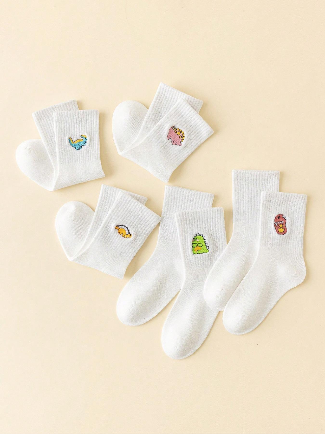 4 Pairs Kids Socks Cartoon Dinosaur Design, Unisex Mid-Calf Socks for Boys & Girls, Casual All-Season Wear, Random Colors