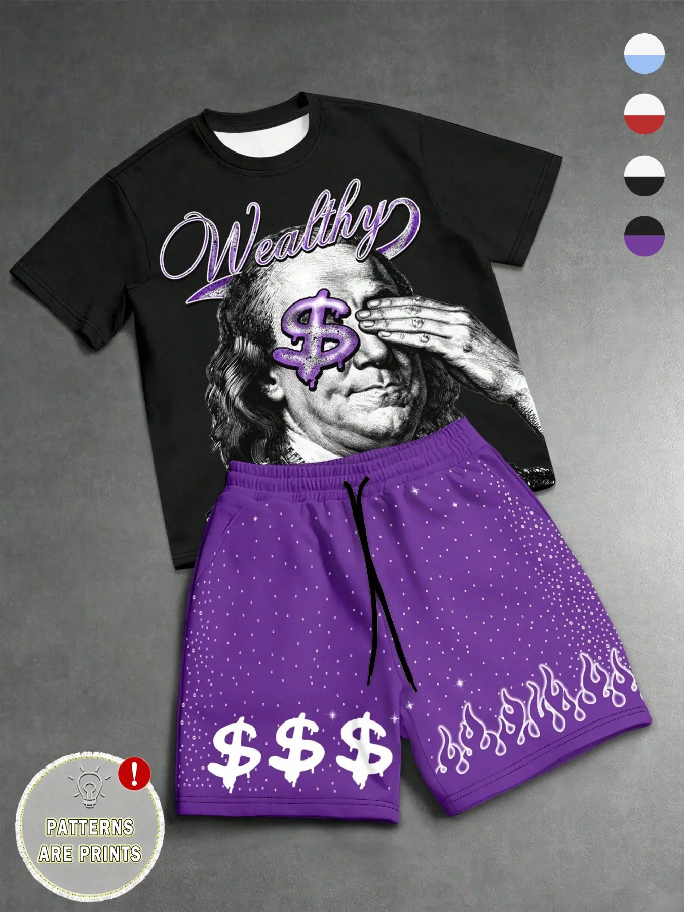 American Street Franklin Portrait Print Short Sleeve Set for Men, Rhinestone Flame Money Symbol Drawstring Shorts Two-Piece Set