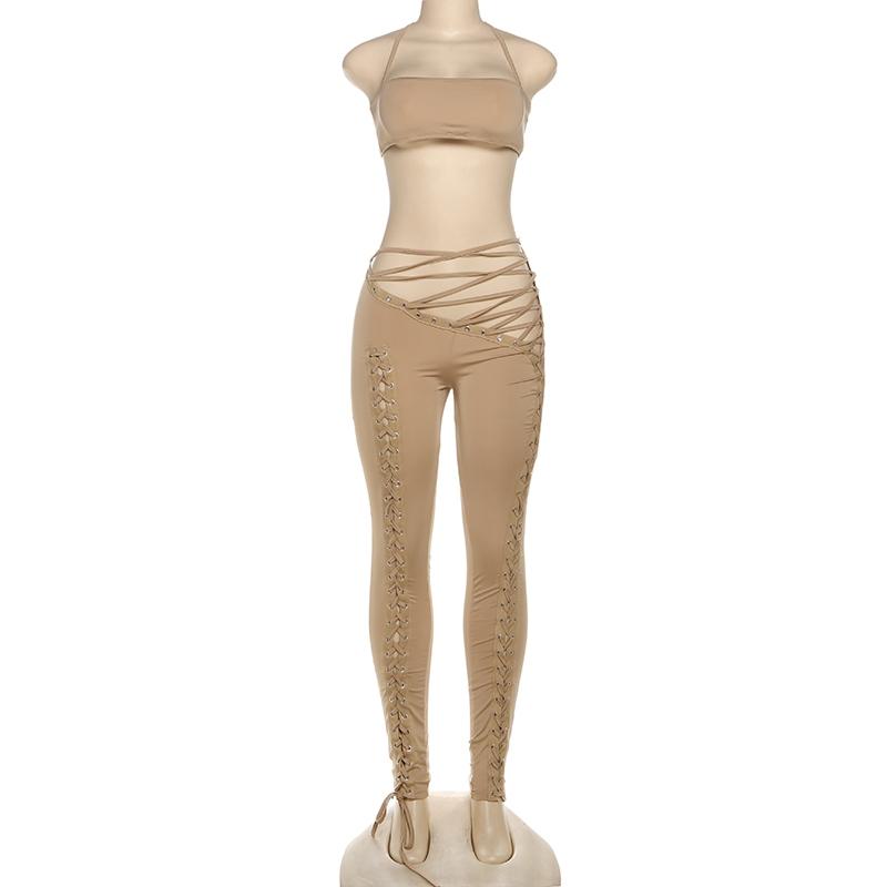 DOUCIU Trendy Personality High Street Hip Hop Cool Tight Sexy Hot Versatile Women'S Thin Solid Color Vest With Adjustable Drawstring Perforated Trousers Two-piece Set Stretchy Outfit Sets