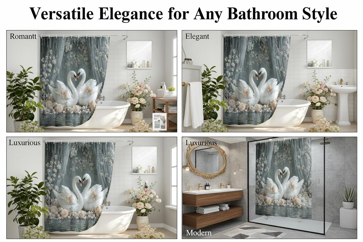 Swan Rose Bathroom Curtain, Embrace Pattern Shower Curtain, Fresh Natural Style Privacy Screen, Home Bath Decor, Includes Hooks
