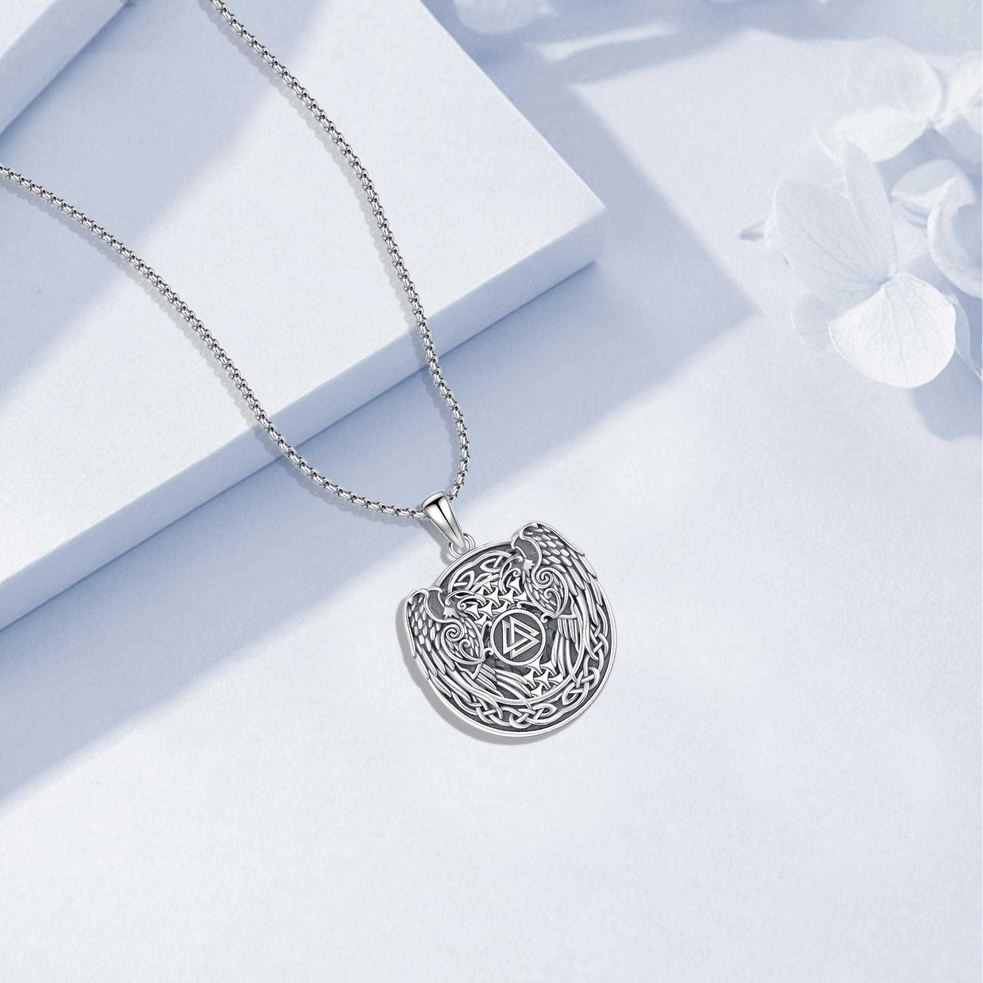 DRINSPER Viking Raven Necklace 925 Sterling Silver Norse Mythology Mjolnir Necklace Graduation Gift for Men Women