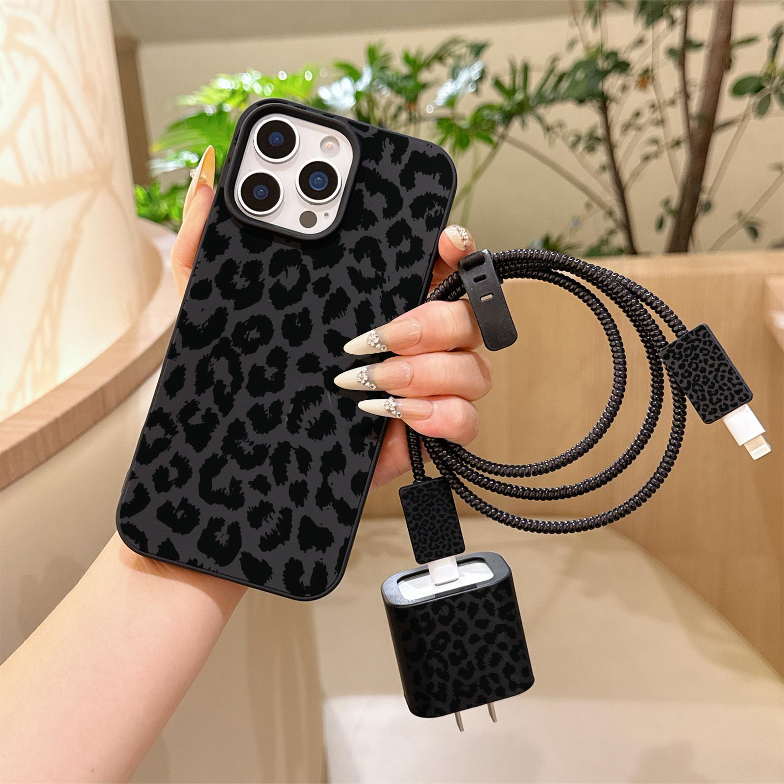 6 Piece Set Liquid Leopard Print Phone Case, Charger Head Cover, Cable Protector, Storage Rope, Data Line Protection, Cable Organizers, Accessories for iPhone 15/16 Series