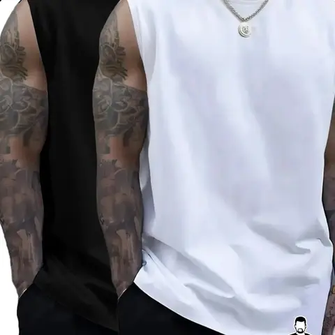 Men's Plus Size 2-Pack Solid Color Sleeveless Tank Tops, Oversized Casual Muscle Shirts, Casual Sports Tops, Fitness Activewear for Gym, Workout & Daily Wear, Activewear Polyester