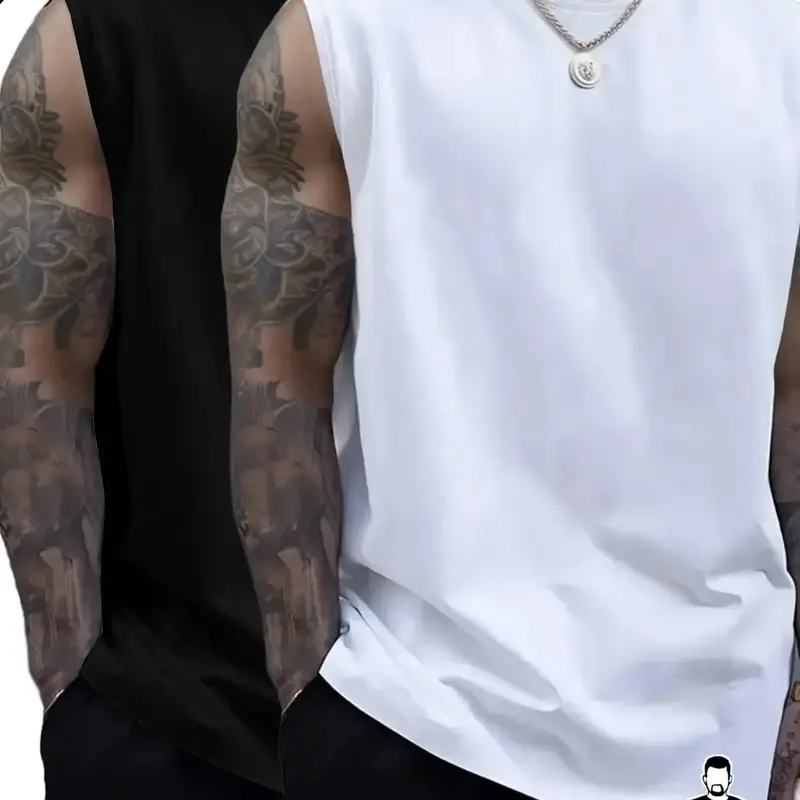 Men's Plus Size 2-Pack Solid Color Sleeveless Tank Tops, Oversized Casual Muscle Shirts, Casual Sports Tops, Fitness Activewear for Gym, Workout & Daily Wear, Activewear Polyester