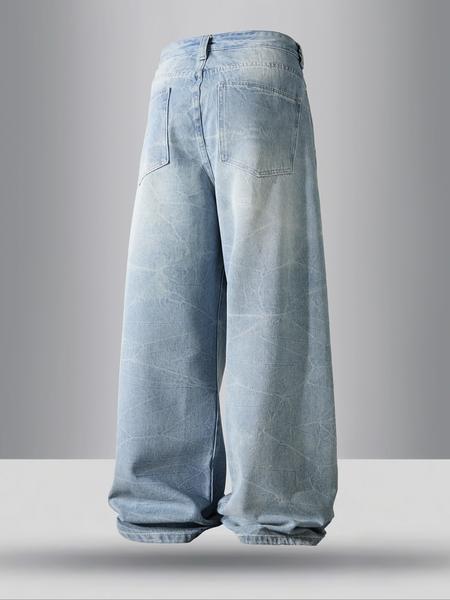 Men's Vintage Wash Tie-Dye Light Blue Jeans, Loose Straight Leg Denim Jeans, Casual Jeans, Y2K Style Streetwear, Perfect Gift for Boyfriend Husband