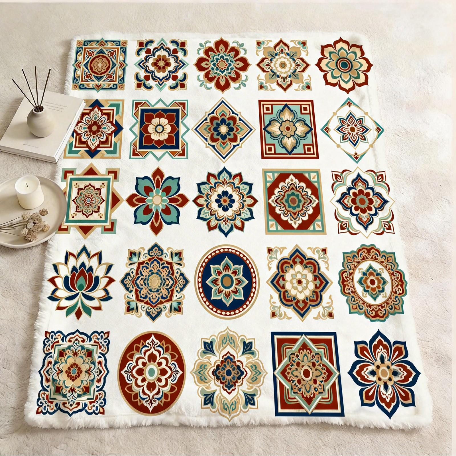 1 Pack Boho Mandala Single-Sided Printed Flannel Blanket, HD Digital Printed Vintage Floral Soft Cozy Blanket, Warm Multi-Use Throw for Sofa, Bedding and Travel, All-Season Ideal Gift Blanket