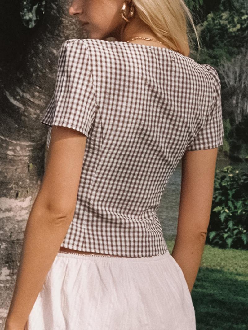 Women's Plaid Print V Neck Short Sleeve Blouse, Casual Curved Hem Top for Summer, Fashion Women's Top for Daily Wear, Casual Classy Top