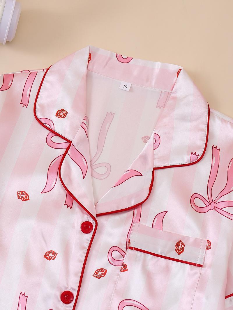 Women's Butterfly Print Sleepwear Set, Elegant Home Clothing for Valentine's Day, Shirt Collar Short Sleeve & Elastic Shorts