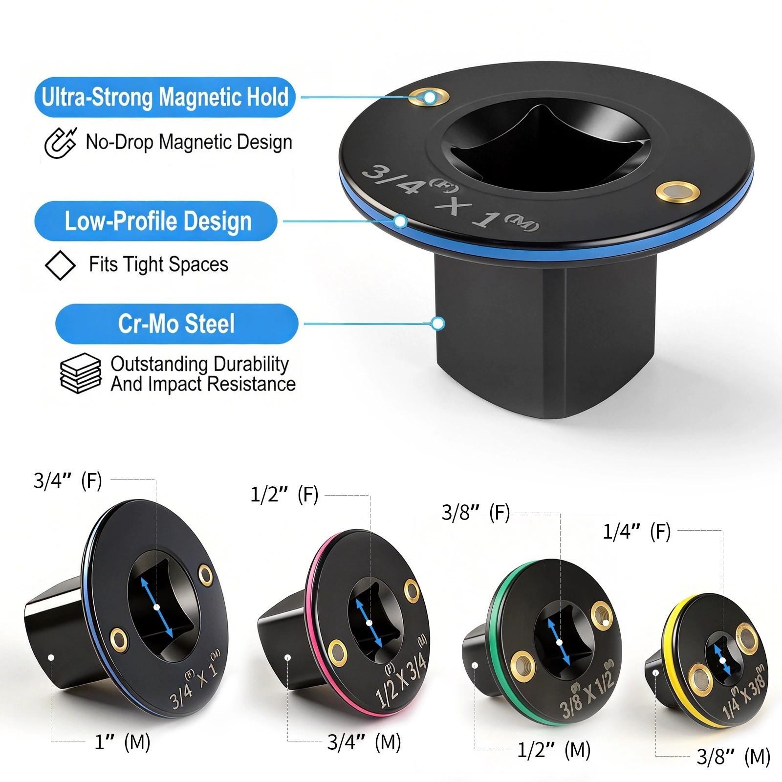 4-Piece Stubby Compact Impact Reducer and Adapter Set, Nestable Design Color-Coded Premium Cr-Mo Torque Socket Converter for Automotive Repair, Mechanic Tools and Tight Clearance Mechanics