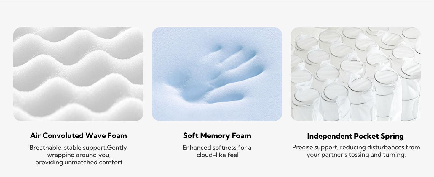 Bezzze Queen Hybrid Mattress in a Box 3-in-1 Comfort Memory Foam Supportive Coils for Zero Motion Transfer Back Lumbar Support Medium Firm Soft Multiple Sizes Twin Full Queen Pressure Relief Traditional Coil Mattress