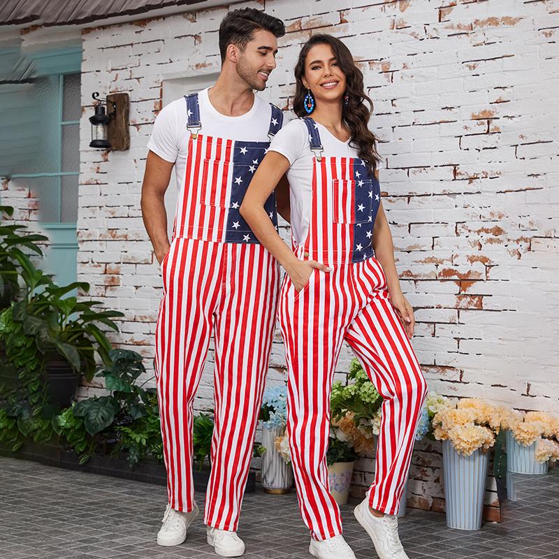 Unisex American Flag Overalls Couples USA Patriotic Workwear Menswear Adjustable Denim Jumpsuit with Zipper and Pockets, Womenswear