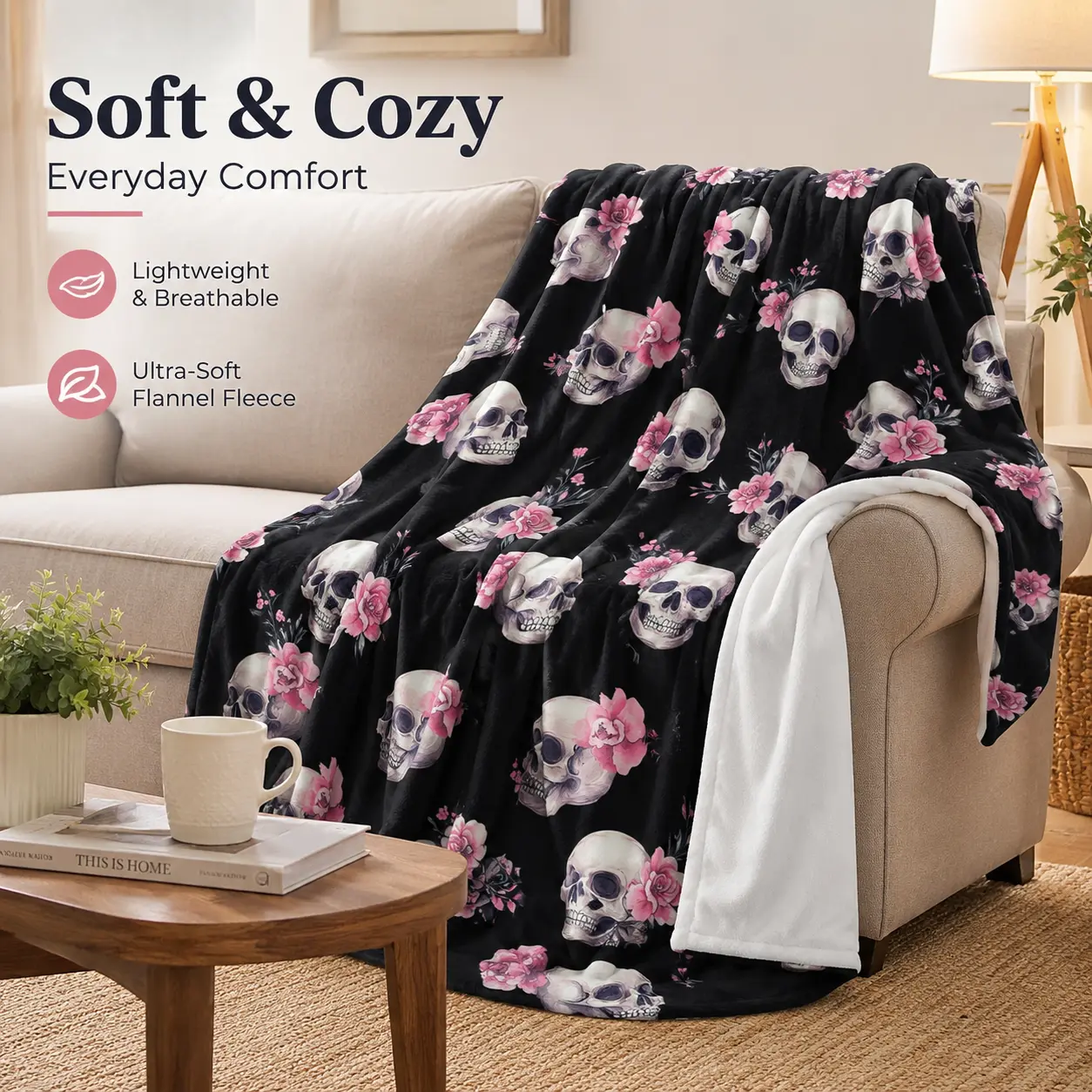 Skull Rose Blanket Black Floral Fleece Throw Blanket, Gothic Skull Flower Blanket Soft Flannel Fleece Blanket for Bed Sofa Couch Home Decor