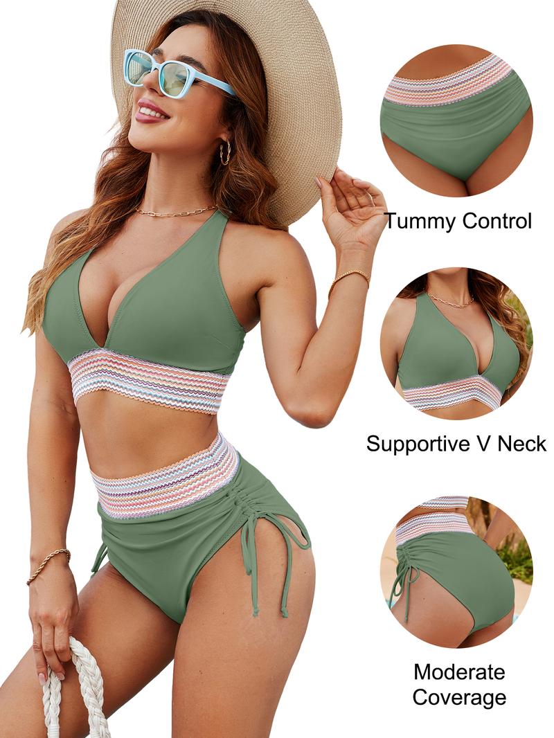 Blooming Jelly Women High Waisted Bikini Sets Tummy Control Swimsuits Color Block Two Piece Drawstring Bathing Suit#TikTokShopHolidayHaul