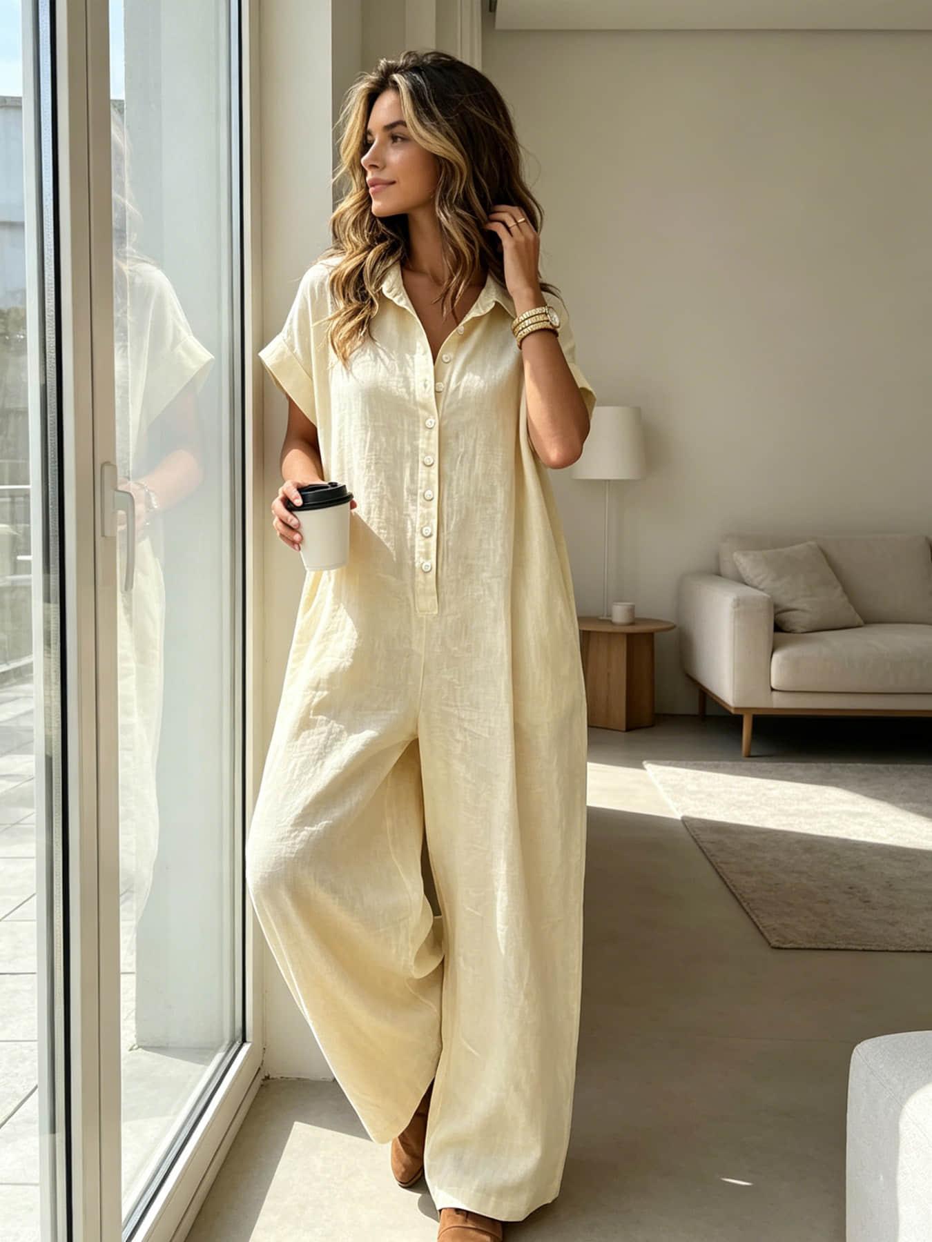 Women's Fashion French Style Chic Minimalist Loose-fit Oversized Jumpsuit with Button Design, Casual Wide-leg Jumpsuit for Summer, Womenswear, Suitable for Home, Outings, Vacation and Daily Commute, Holiday Jumpsuit