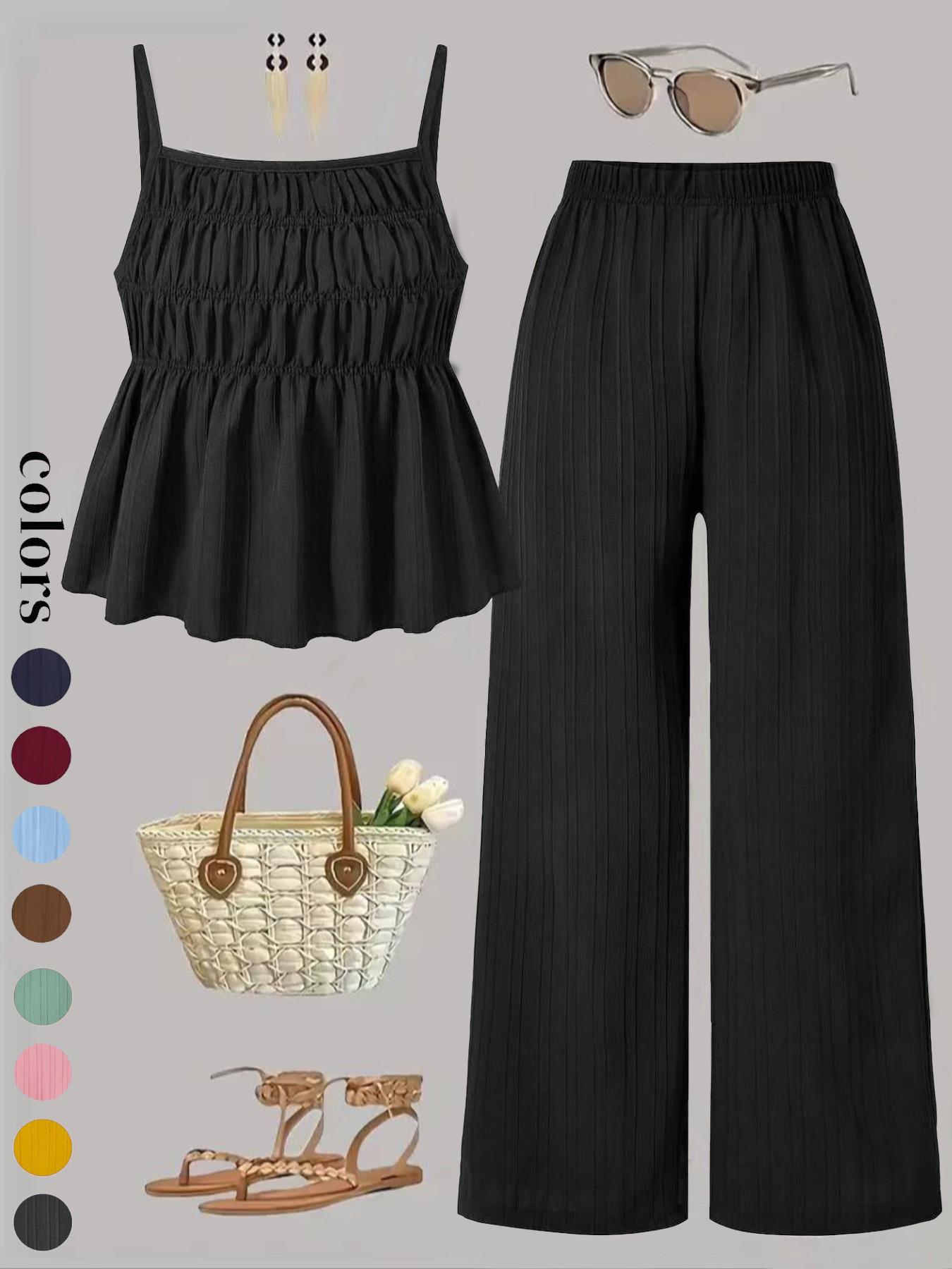 Two-Piece Set Women's Solid Color Cami Top & Wide Leg Pants Set, Street Fashion Casual Outfits for Daily Outdoor Wear, Ladies Clothes for All Seasons Two-Piece Set Women's Solid Color Cami Top & Wide Leg Pants Set, Street Fashion Casual Outfits for Daily Outdoor Wear, Ladies Clothes for All Seasons