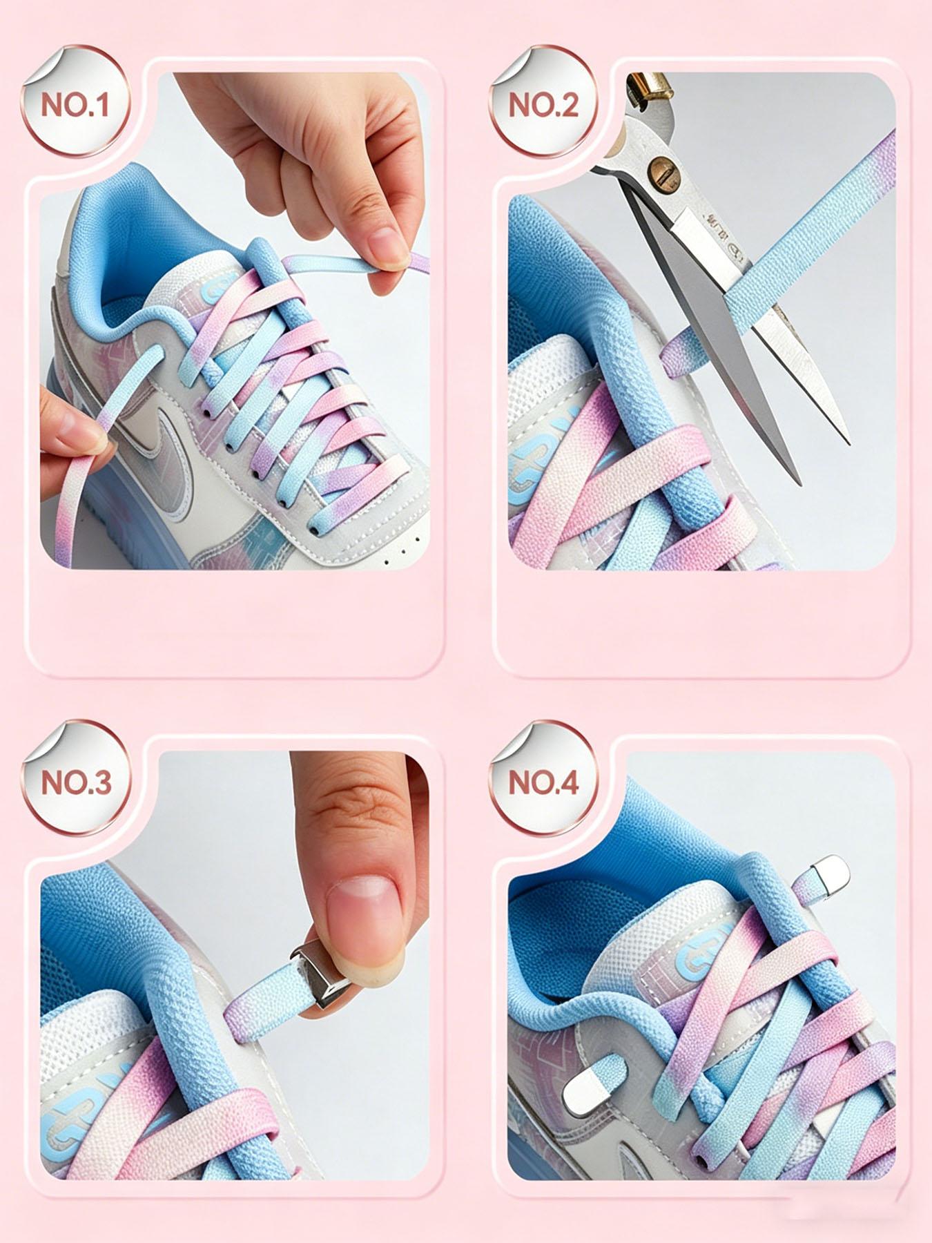 Dreamy Tie-Dye Lazy Shoelace, No-Tie Press Button, Gradient Color, Elastic Stretch, Wide Strap, for Sneakers, Dad Shoes, Sports Shoes, Commute, DIY Footwear