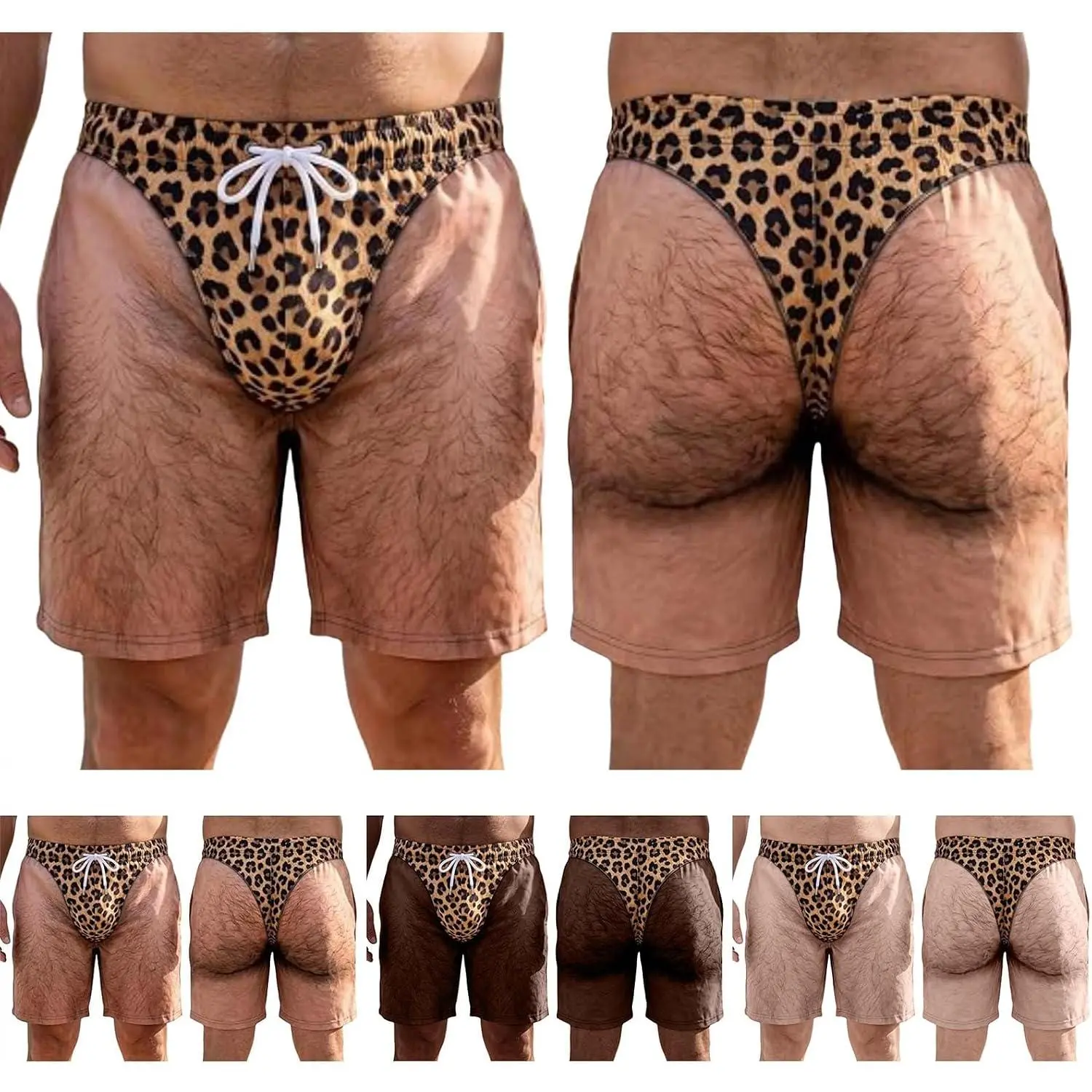 Novelty Funny Men 3D Leopard Print Hairy Leg Fake Briefs Graphic Beach Shorts Choose Skin Tone, Features Prank Design Swim Trunk, Summer Vacation Gift for Him