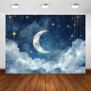 2D plane, 2D plane - 2D plane, 2D plane - 2D plane, top choice 1 piece Moonlight Night Sky Tapestry - Serene stars, clouds, and crescent moon pattern, polyester wall decoration, suitable for bedroom, living room, dormitory, or studio decoration