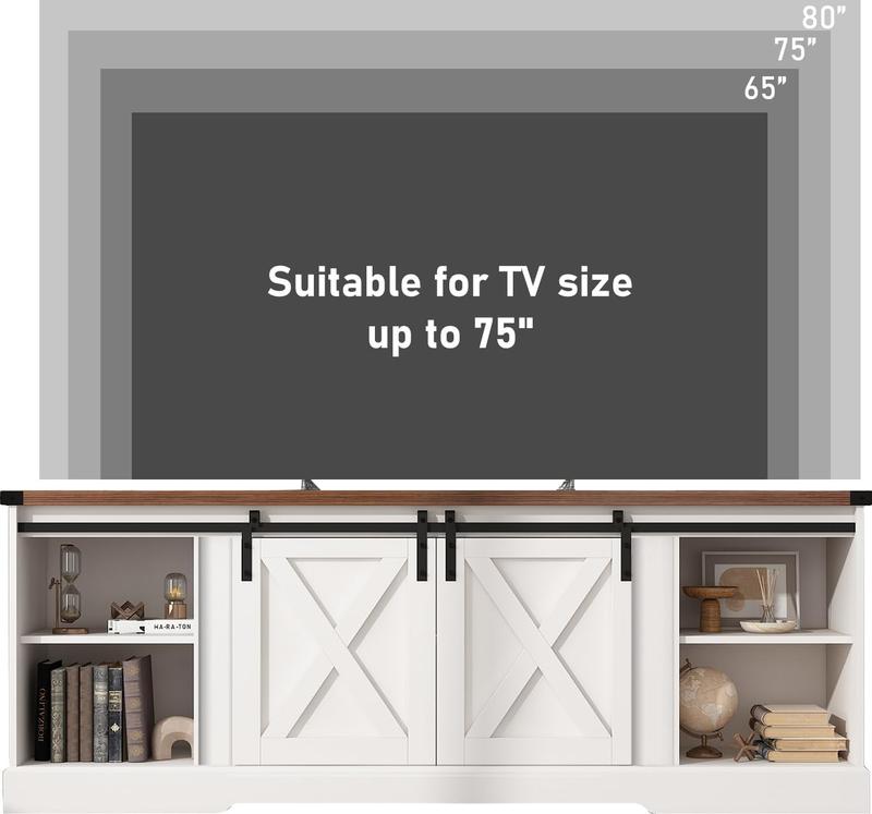 Farmhouse Fireplace TV Stand / Farmhouse TV Stand for 70/75/80 Inch TV, 70 inch Entertainment Center Storage Cabinets with 36”Electric Fireplace and Sliding Barn Doors, Media Console Cabinet for Living Room