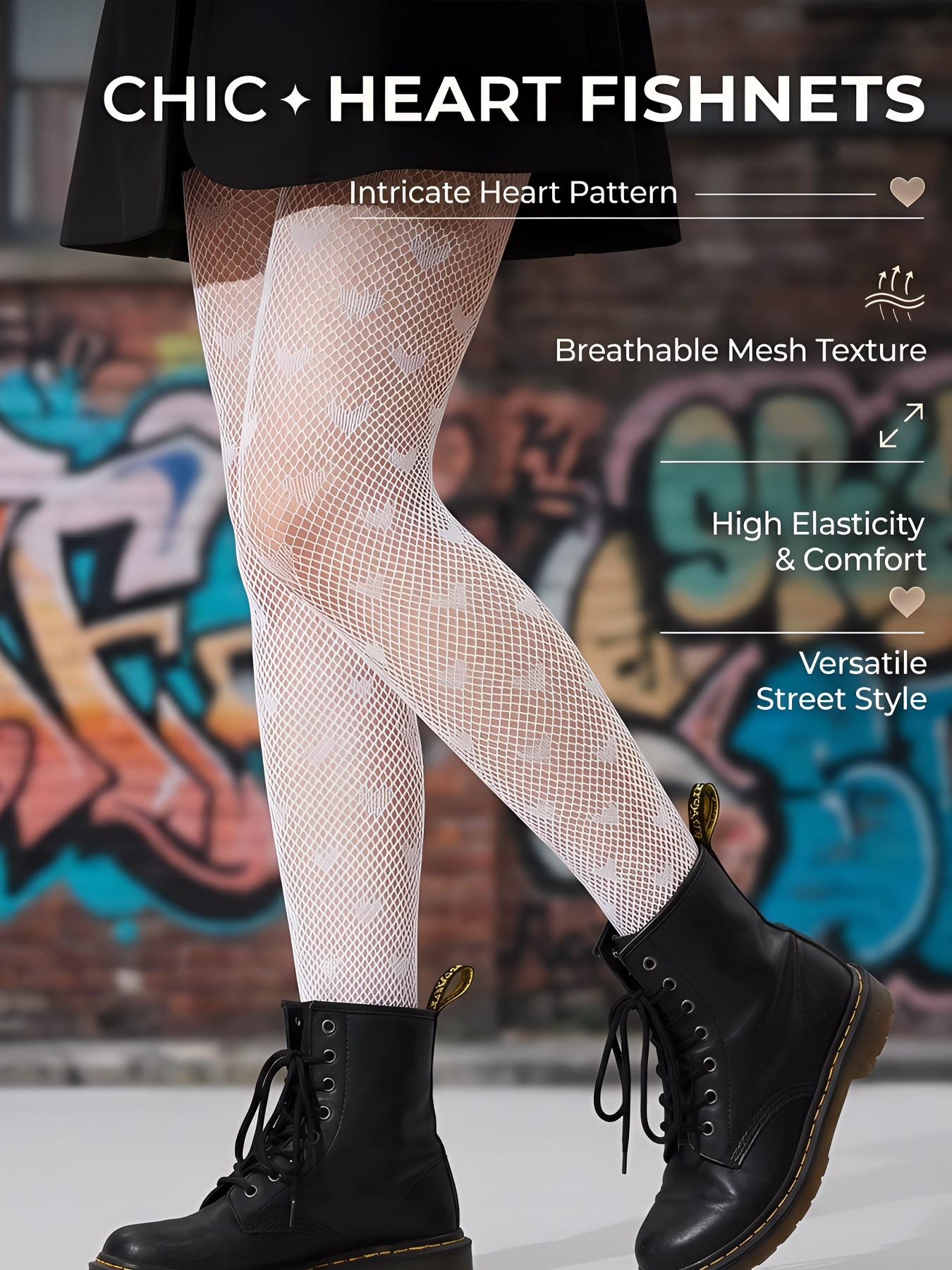 Women's Sexy Heart Pattern Fishnet Stockings, High Waist Slim-Fitting Casual Stockings, Fashionable and Stylish Legwear