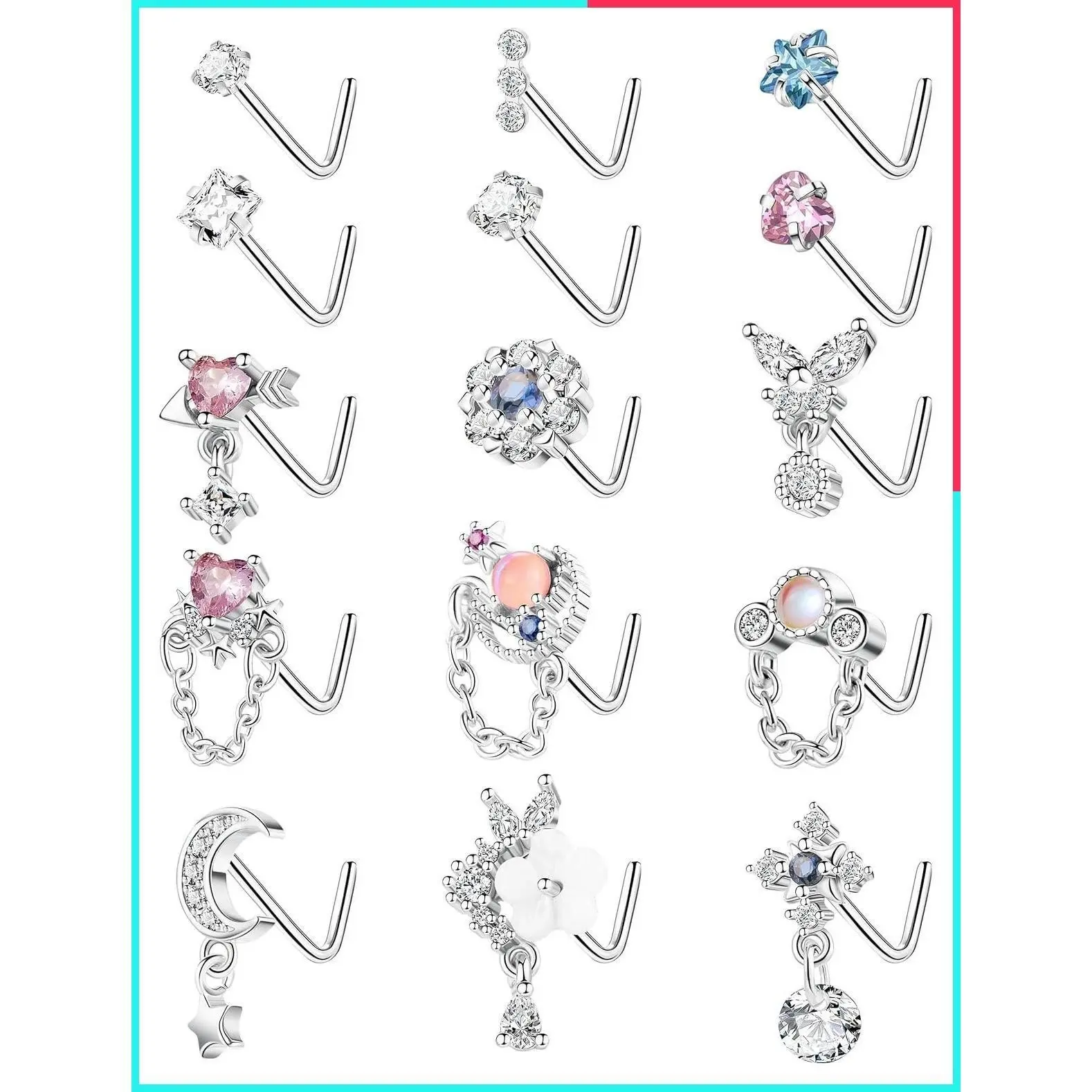15PCS 20G 316L Stainless Steel L-Shape Dangle Nose Studs for Women with CZ Moon Chain Heart Flower Designs Piercing Jewelry