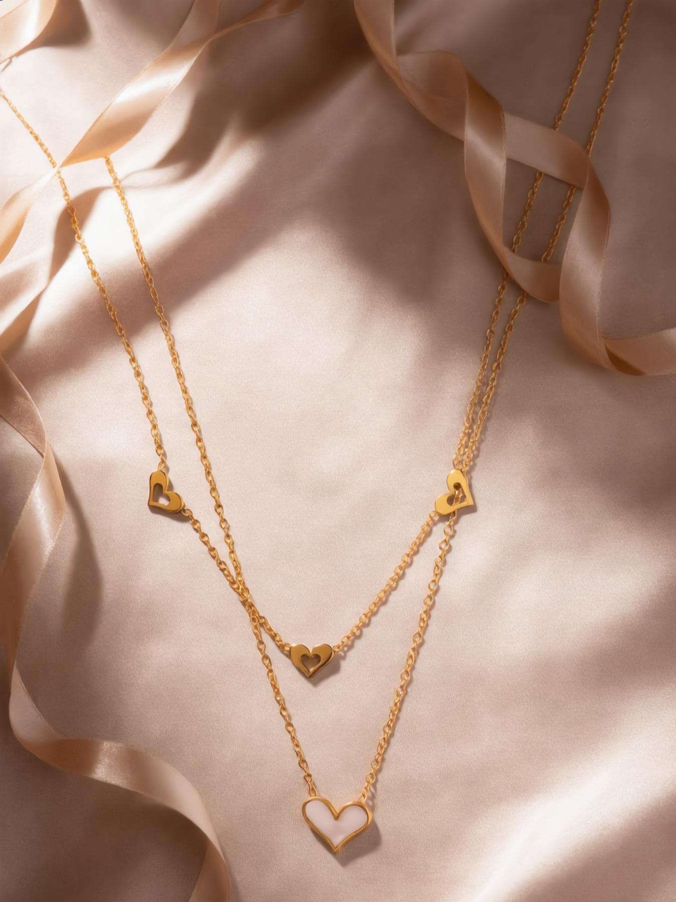 Titanium Steel Double Layer Heart Necklace for Women, Elegant Lockbone Chain, Sparkle Decor, Perfect for Parties and Daily Wear