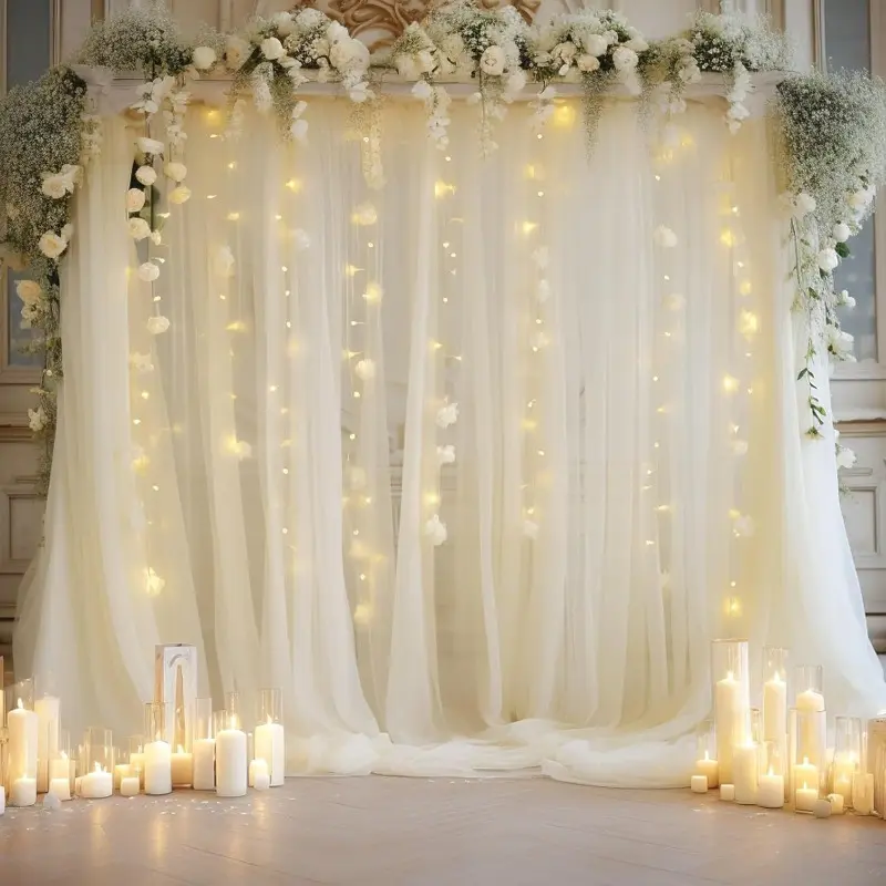 Sheer Outdoor Wedding Draping Fabric with String Lights – Wedding Ceiling Drapes & Backdrop Curtain, Wedding Party Backdrop for Event Decor