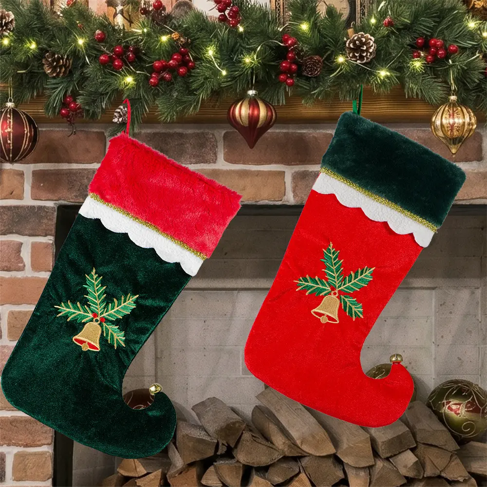 Velvet Elf Christmas Stocking With Embroidered Bell & Holly, Hanging Ornament For Fireplace & Christmas Tree, Large Capacity Gift Bag For Xmas Home Holiday Decor