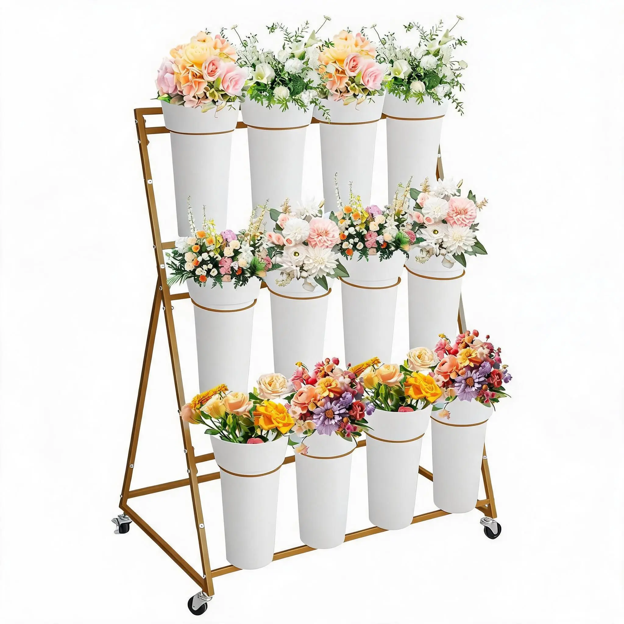 3-Tier Metal Flower Stand with 12 Removable Buckets and Wheels, Heavy Duty Multi-Layer Plant Display Rack for Florist Shop Patio Wedding Indoor Outdoor, Gold/White