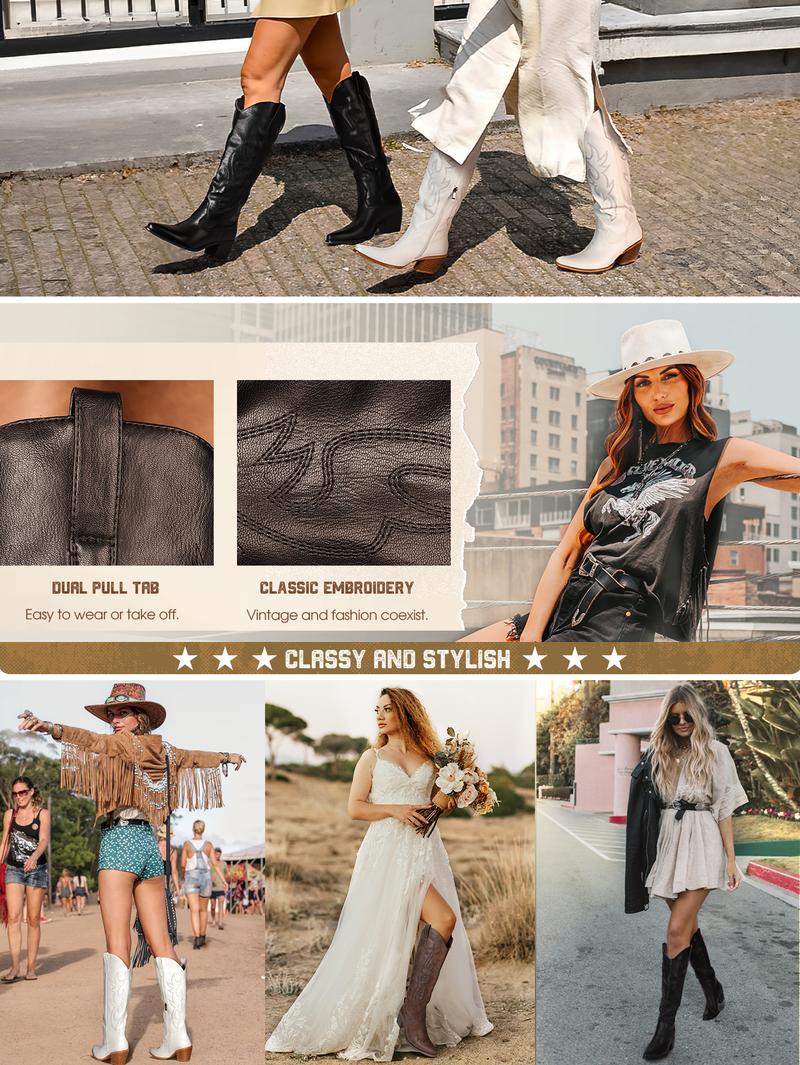 Cowboy Boots for Women - Wide Calf Cowgirl Knee High Boots with Side Zip and Embroidery, Pointed Toe Western Outfit Boots Chunky Heel Retro Tall, Pull On for Girls Ladies Botas