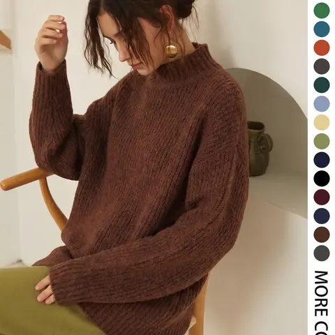 Elegant Women's Fall Winter Fashion Casual Home Wear Basic Thick Simple Loose Solid Color Knit High Neck Long Sleeve Pullover Top Cozy Casual Top