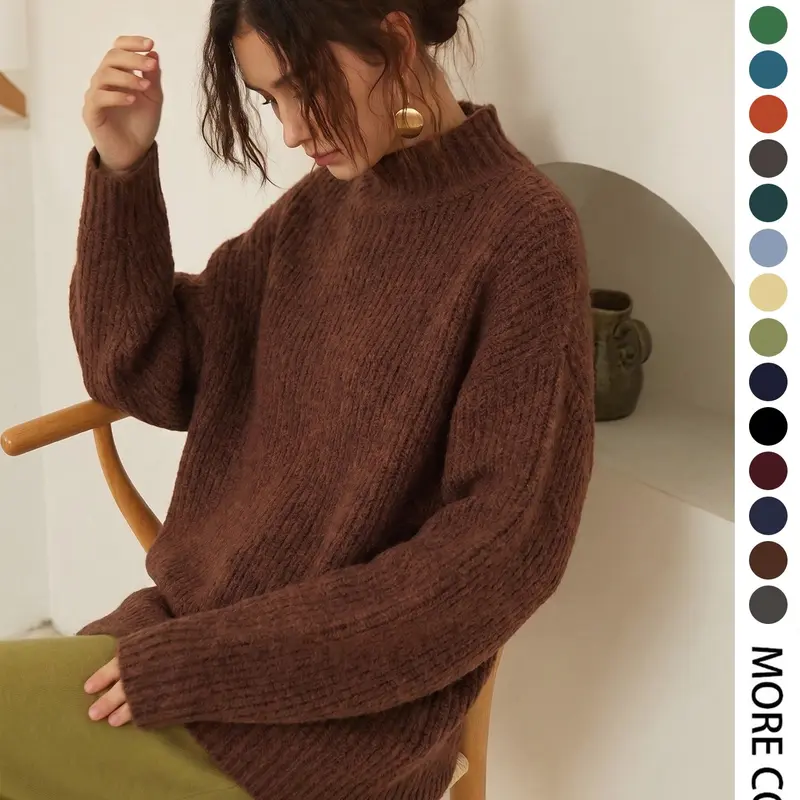 Elegant Women's Fall Winter Fashion Casual Home Wear Basic Thick Simple Loose Solid Color Knit High Neck Long Sleeve Pullover Top Cozy Casual Top