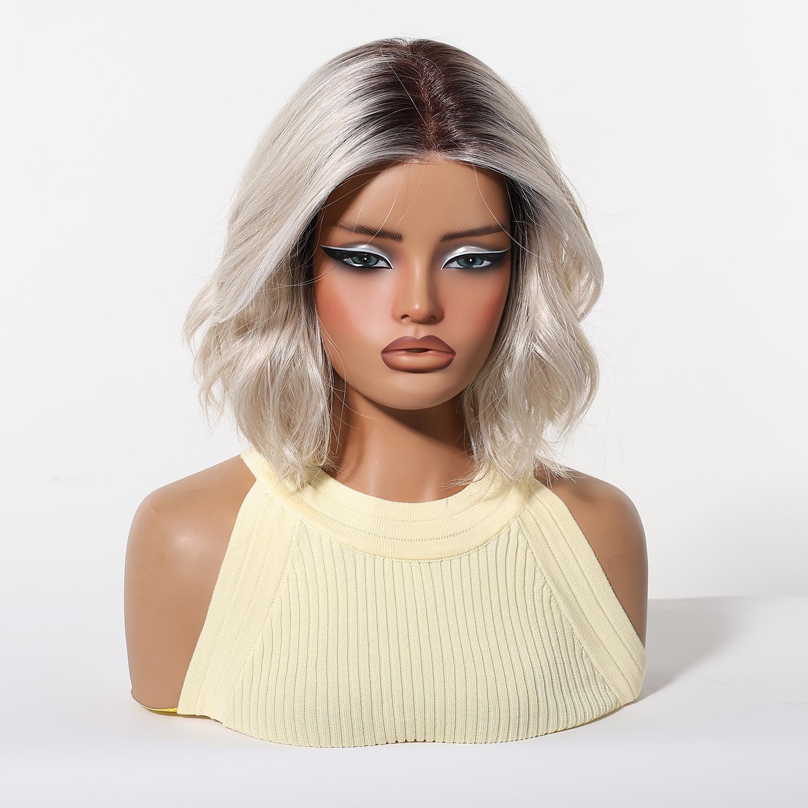 Topshe Hand Tied Mono Base Short Bob Wig, Dark Root Ash Brown Highlight Flip Out Loose Wave Bob, Breathable Mono Top Realistic Scalp, Glueless Wear & Go No Bleach, Tangle Free Heat Resistant Synthetic Hair, Synthetic Material Wigs