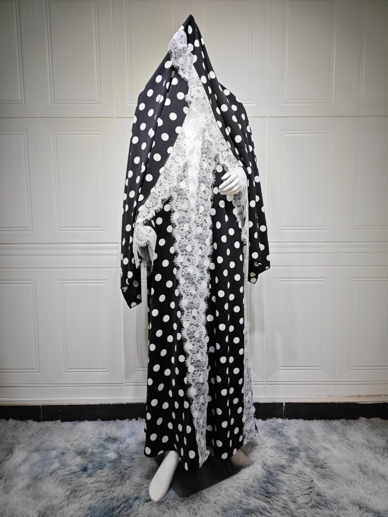 New Muslim Women's Islamic Clothing Vintage Base Polka Dot Lace Patchwork Headscarf Ruffle Sleeve Long Robe 2-Piece Set, Middle Eastern Long Dress with Headscarf