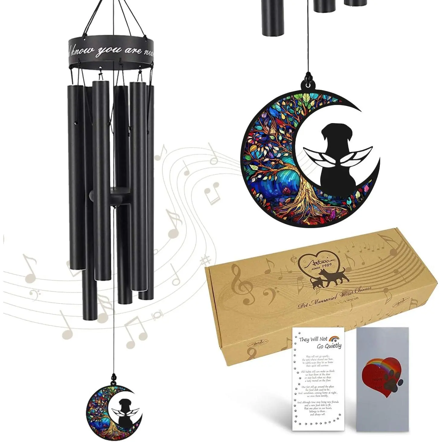 35"  Memorial Wind Chimes for Dogs,  Sympathy  for Loss of  |  Memorial Wind Chime with Stained Moon, Hand Tuned  Wind Chimes for Outdoor Garden Porch Remembrance Decor, Black