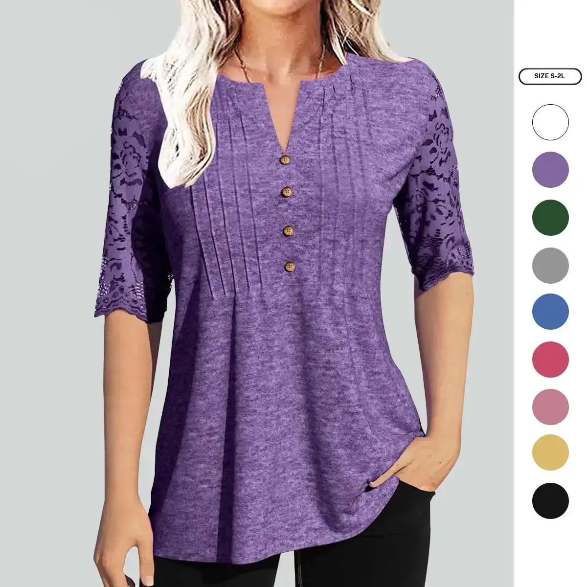 Imily Bela Women's Lace Sleeve Blouse V Neck Button Front Casual  Feminine Everyday Outfit Fall Peplum Tunic Top
