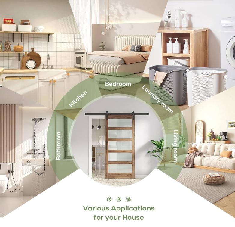 Easelife Sliding Barn Door with Frosted Glass Panels Rustic Wood Finish Black Hardware Kit Easy Installation Modern Home Decor International Warranty Living Space