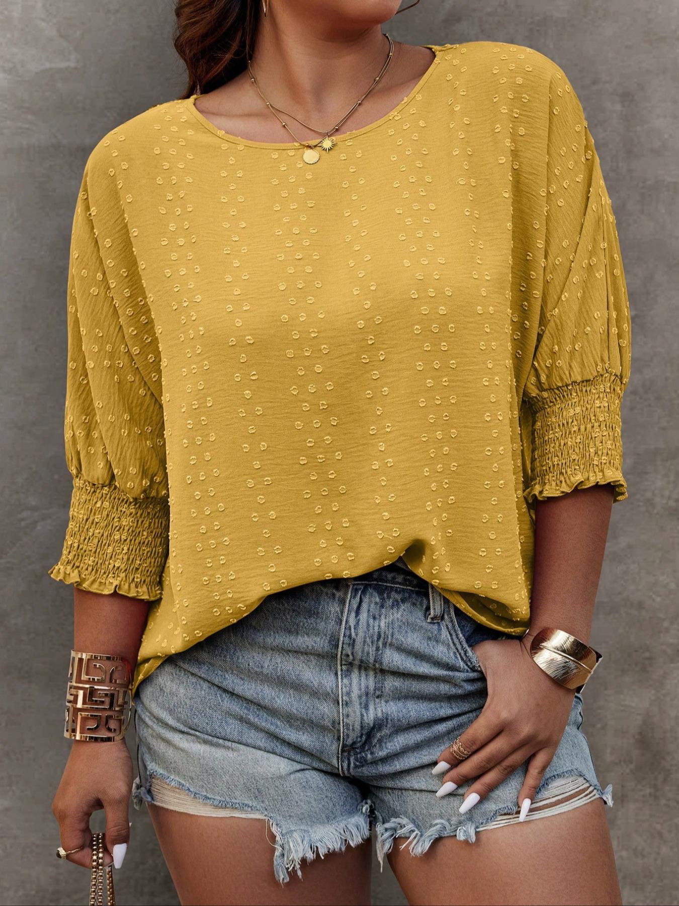 【 Plus Size】 Solid Embroidery Blouse, Casual Basic Round Neck Top for Daily Wear, Women's Clothing for All Seasons, Womenswear