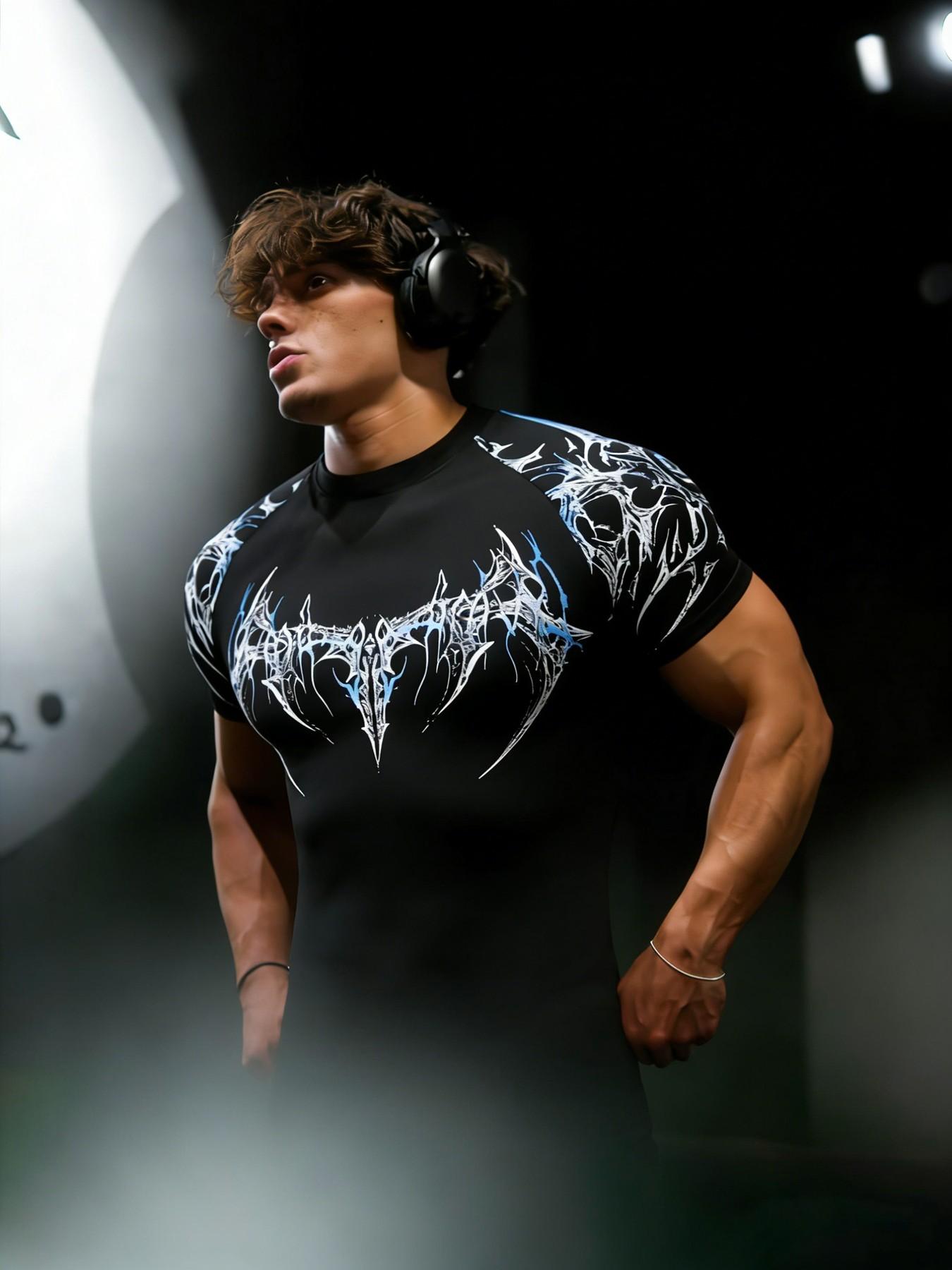 Men's Fitness T-Shirt with Thorn Print, High Elasticity Quick-Dry Fabric, Slim Fit for Gym Training, Casual Long Sleeve Top