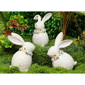 3 Packs Easter Tabletop Ornaments, Resin White Bunnies Figurines with Floral Wreaths Around Necks, Standing Statues for Mantel Indoor Decorations