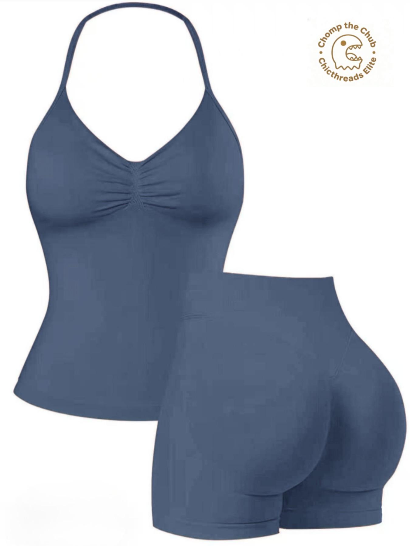 Bootie Lifting & Snatched Waist Yoga Set, Halter Ruched Top + High Waist Sculpting Shorts, Ideal for Gym, Yoga, Activewear, Gym Workout Set, High Stretch Sporty, Gym Clothes Workout