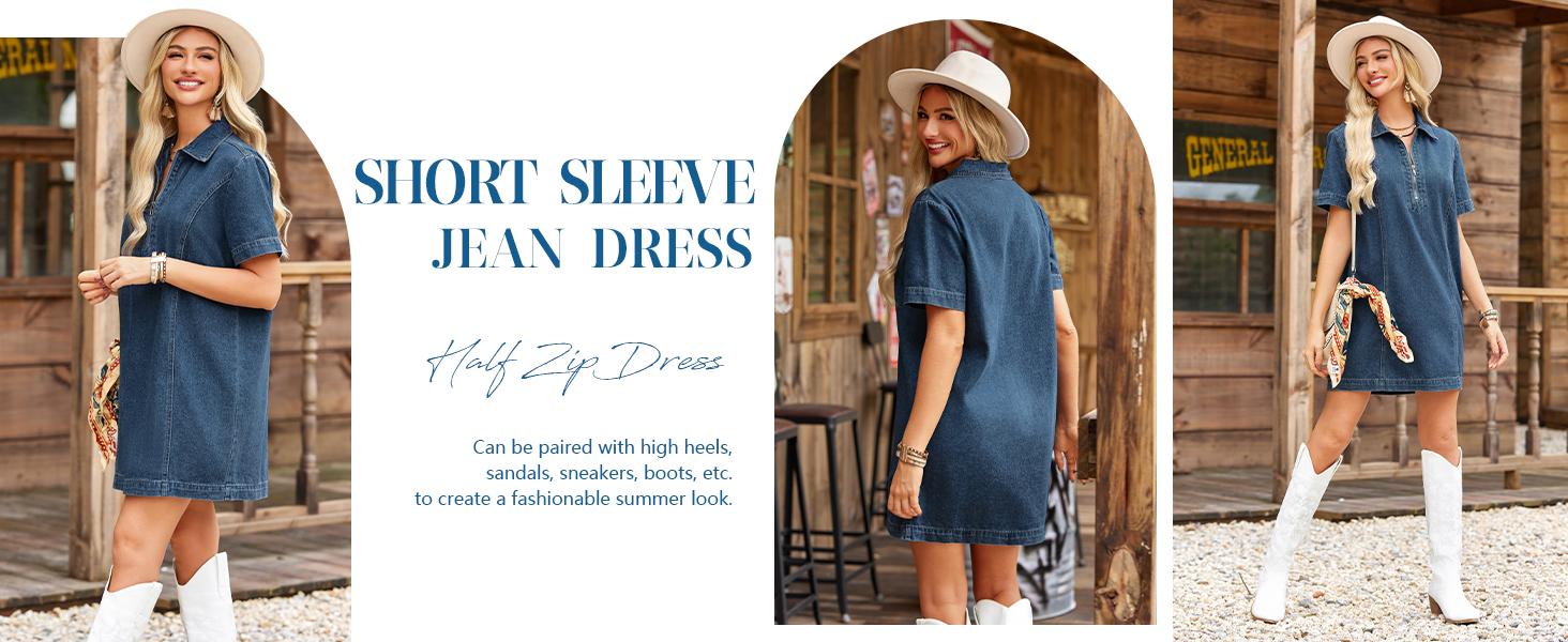 FMEYOA Womens Denim Shirt Dress Summer Collared V Neck Mini Casual Jean Dresses with Pockets