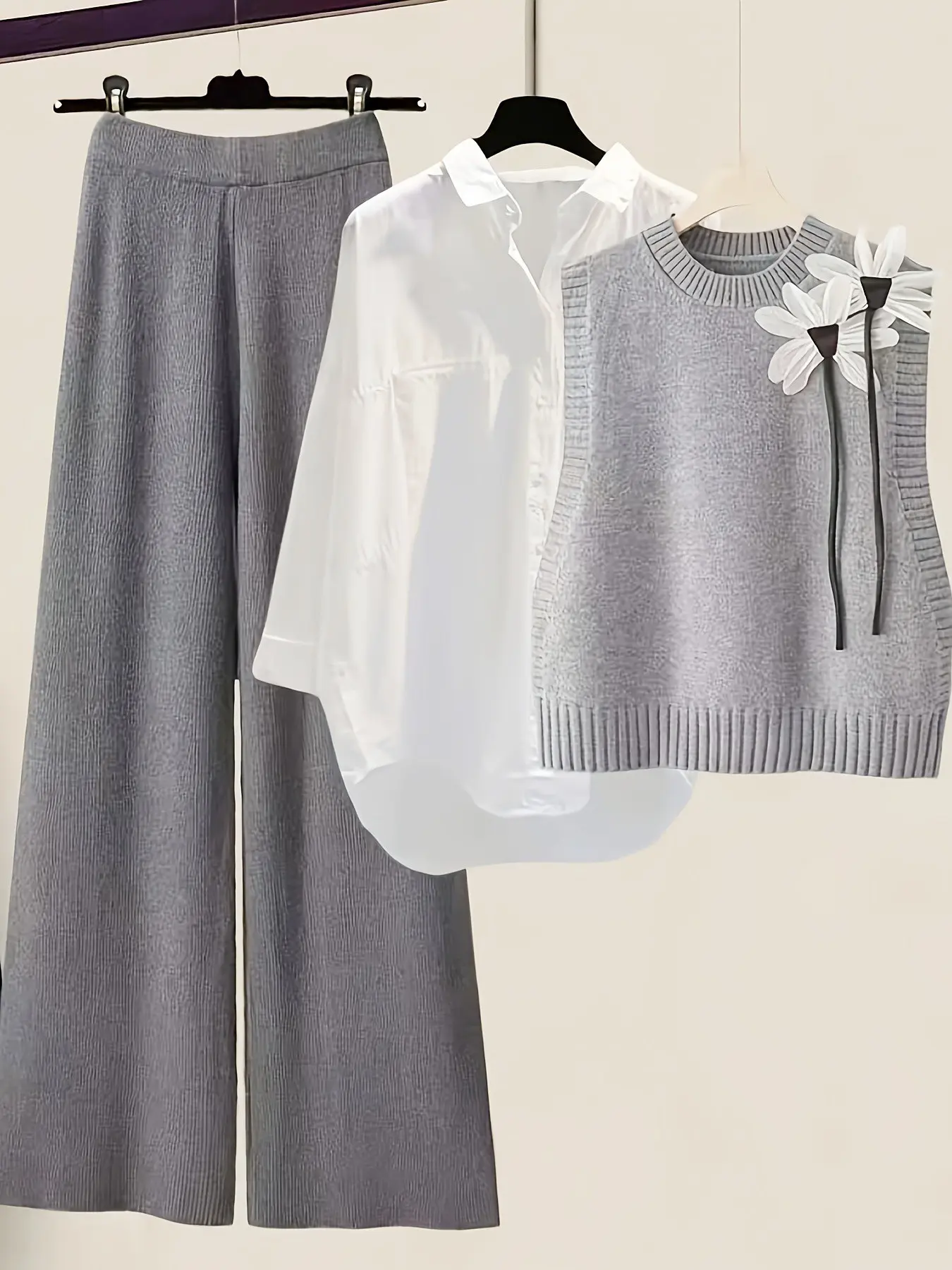 Women's Fashion Feminine Sweater Set, 3-Piece Pants Set Outfit Casual Polyester Floral Knitwear, Cardigans with Bow Details, Long Sleeves, Crewneck, Fitted, Fall Winter Elegance, Outfit, Clothes